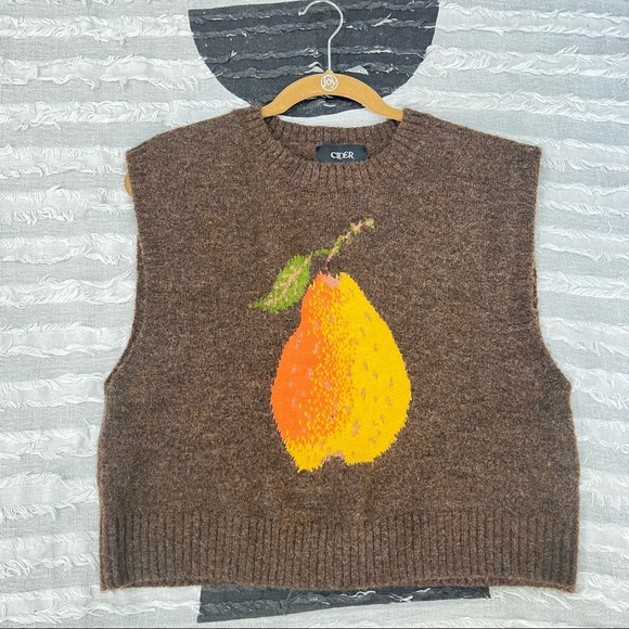 Cider Women’s Size M Wool Alpaca Brown Pear Sweater Vest V Neck Collegiate Tank - Picture 4 of 11